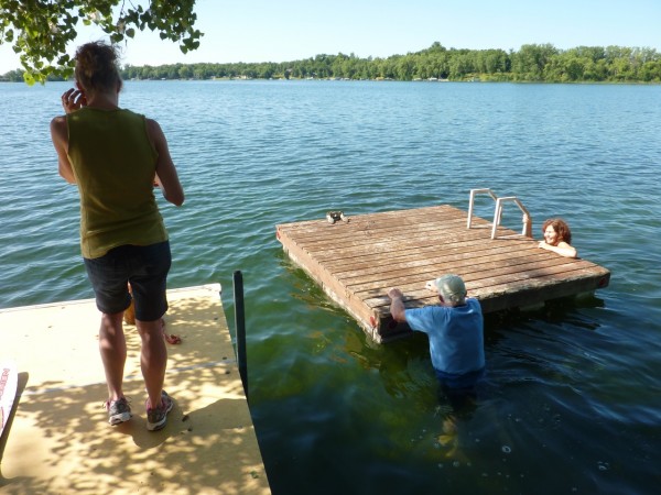 diving raft Grandma and Grandpa moving the diving raft into position.