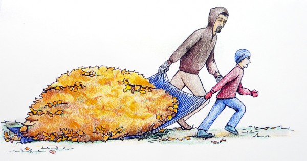 Edward Luke and Dad dragging a leaf pile on a tarp