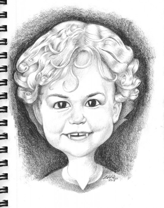 A drawing of 5-year-old Lydia looking cute and happy, but with tiny fangs