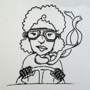 Drawing of Nikole in old time driving goggles