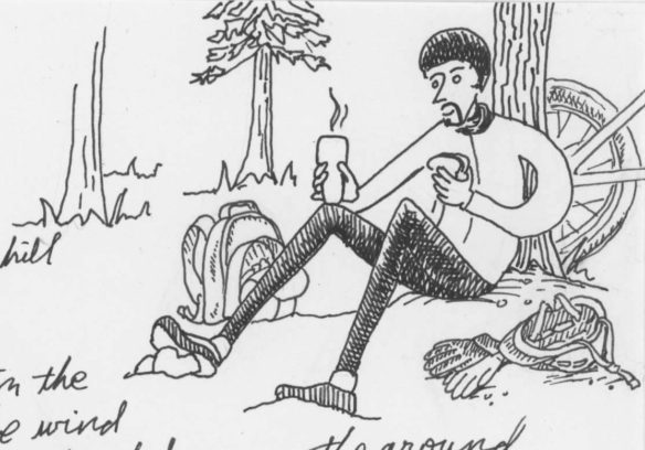 Sketch of me eating a sandwich and drinking coffee
